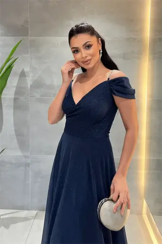 Simli Kumaş Kayık Yaka Abiye Elbise - LACİVERT - 4