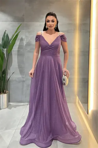 Simli Kumaş Kayık Yaka Abiye Elbise - MOR - 1