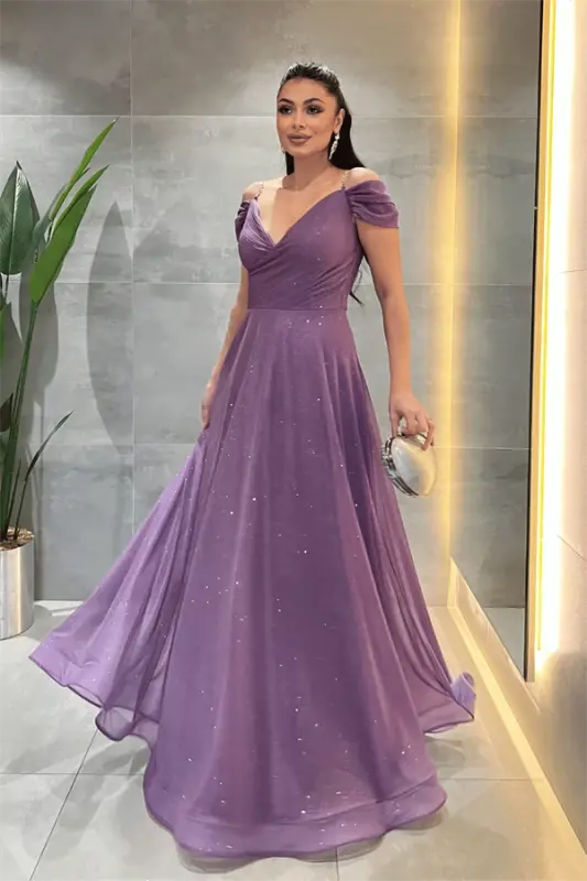 Simli Kumaş Kayık Yaka Abiye Elbise - MOR - 2