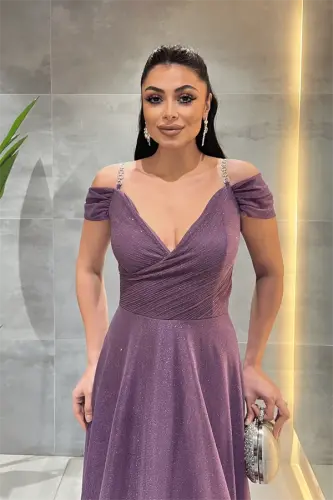 Simli Kumaş Kayık Yaka Abiye Elbise - MOR - 3