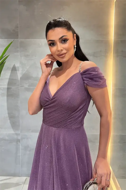 Simli Kumaş Kayık Yaka Abiye Elbise - MOR - 4