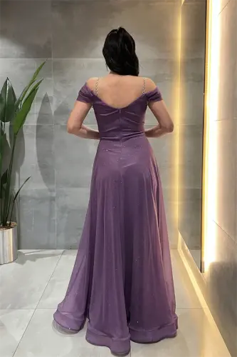 Simli Kumaş Kayık Yaka Abiye Elbise - MOR - 5