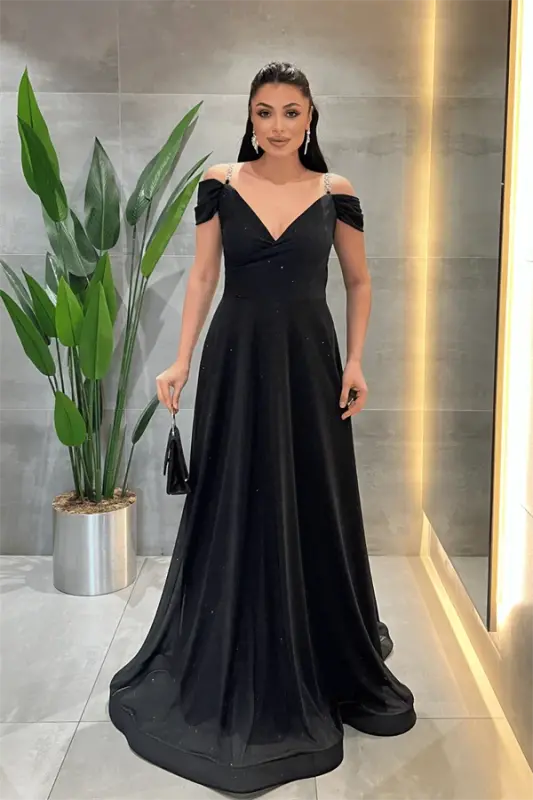 Simli Kumaş Kayık Yaka Abiye Elbise - SİYAH - BÜYÜKBEDENIZ