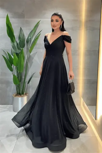 Simli Kumaş Kayık Yaka Abiye Elbise - SİYAH - BÜYÜKBEDENIZ (1)