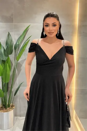 Simli Kumaş Kayık Yaka Abiye Elbise - SİYAH - 3