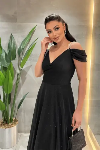 Simli Kumaş Kayık Yaka Abiye Elbise - SİYAH - 4