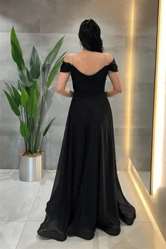 Simli Kumaş Kayık Yaka Abiye Elbise - SİYAH - 5