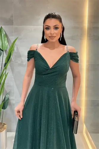 Simli Kumaş Kayık Yaka Abiye Elbise - ZÜMRÜT YEŞİL - 3
