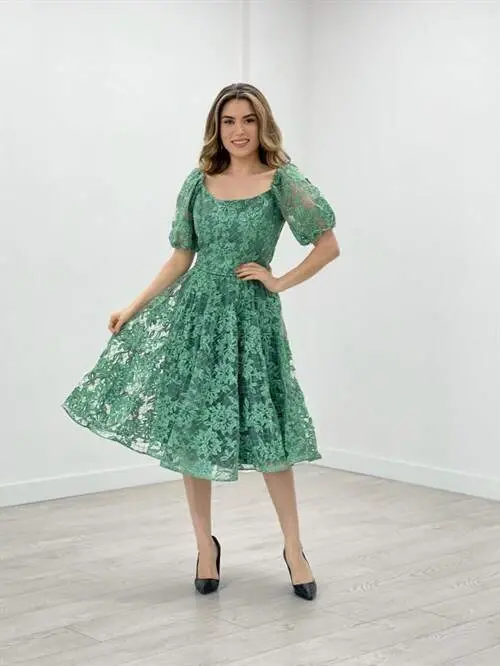 Simli Kumaş Kayık Yaka Elbise - MİNT YEŞİL - 2