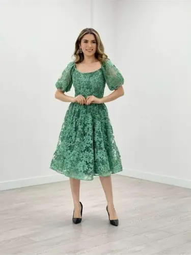 Simli Kumaş Kayık Yaka Elbise - MİNT YEŞİL - 3