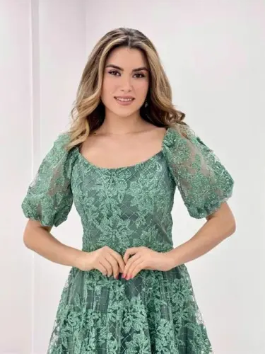 Simli Kumaş Kayık Yaka Elbise - MİNT YEŞİL - 4