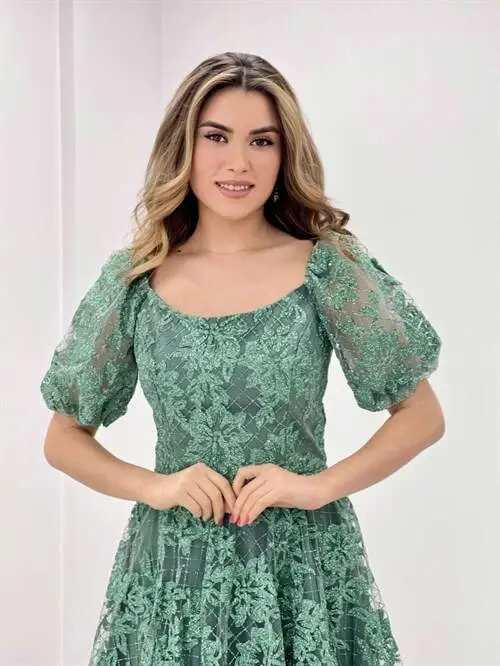 Simli Kumaş Kayık Yaka Elbise - MİNT YEŞİL - 4