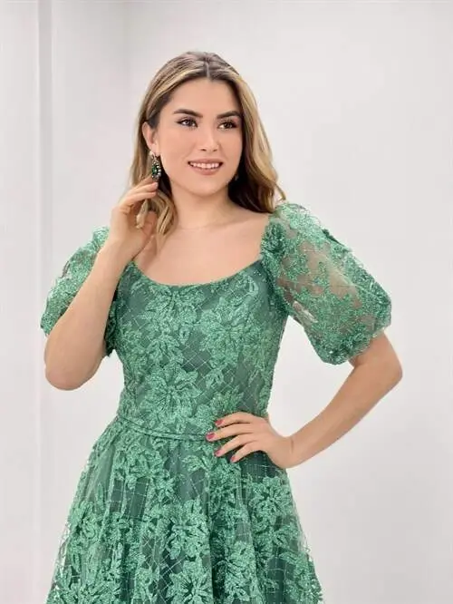 Simli Kumaş Kayık Yaka Elbise - MİNT YEŞİL - 5