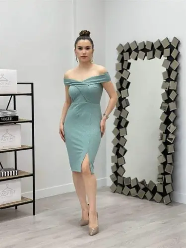 Simli Kumaş Kayık Yaka Elbise - MİNT YEŞİL - 1