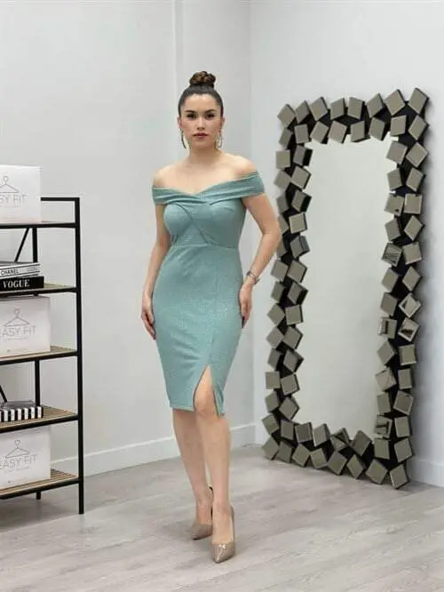 Simli Kumaş Kayık Yaka Elbise - MİNT YEŞİL - 1