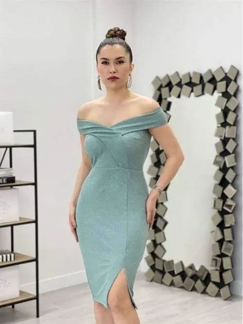 Simli Kumaş Kayık Yaka Elbise - MİNT YEŞİL - 2