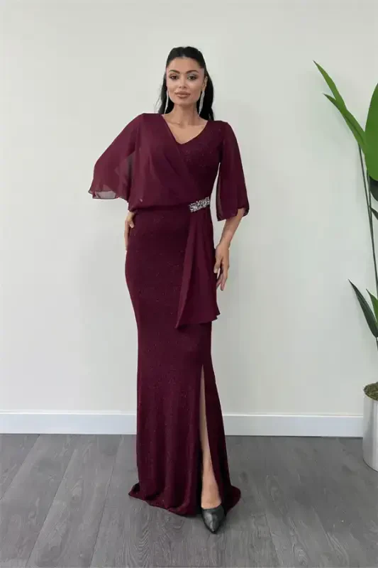 Simli Kumaş Şifon Şal Detaylı Abiye Elbise - BORDO - 1