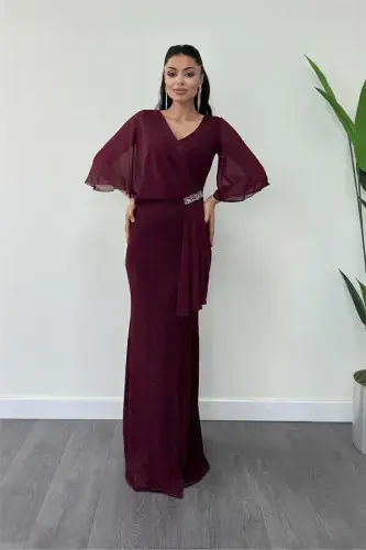 Simli Kumaş Şifon Şal Detaylı Abiye Elbise - BORDO - 2