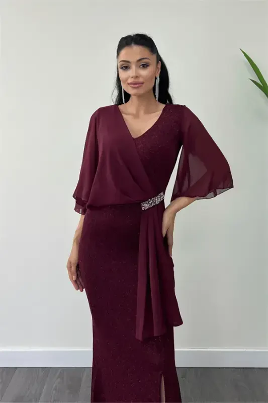 Simli Kumaş Şifon Şal Detaylı Abiye Elbise - BORDO - 4