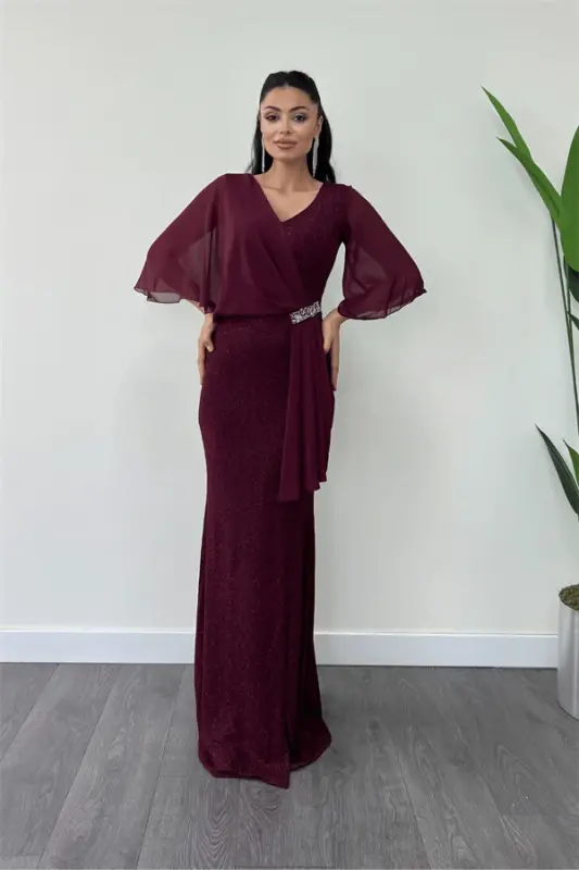 Simli Kumaş Şifon Şal Detaylı Abiye Elbise - BORDO - 2