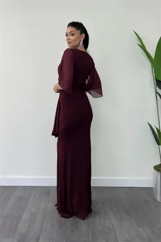 Simli Kumaş Şifon Şal Detaylı Abiye Elbise - BORDO - 5