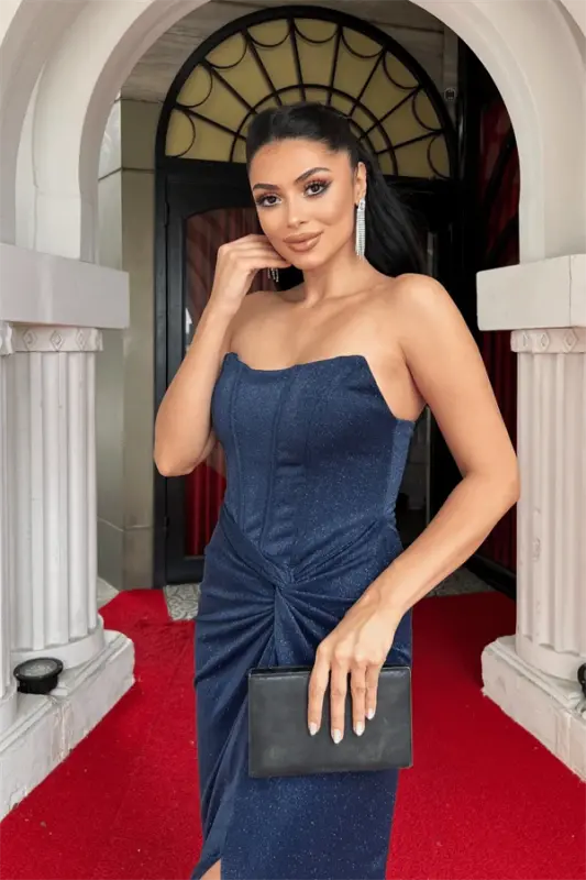 Simli Kumaş Straplez Balen Detaylı Abiye Elbise - LACİVERT - 4