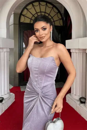 Simli Kumaş Straplez Balen Detaylı Abiye Elbise - PEMBE - 3