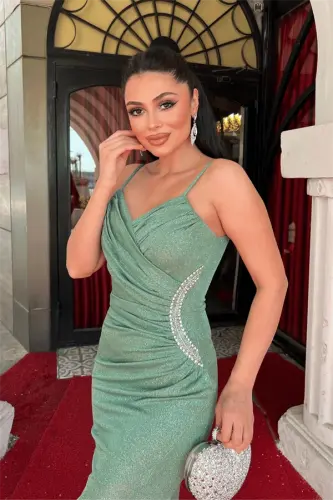 Simli Kumaş Taş Detaylı Abiye Elbise - MİNT YEŞİLİ - 4