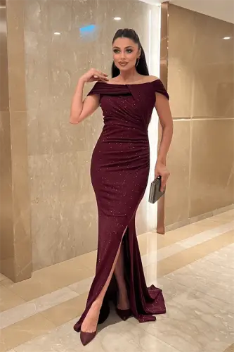 Simli Kumaş Tasarım Drape Detaylı Büyük Beden Abiye Elbise - BORDO - BÜYÜKBEDENIZ (1)