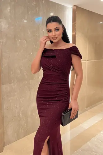 Simli Kumaş Tasarım Drape Detaylı Büyük Beden Abiye Elbise - BORDO - 4