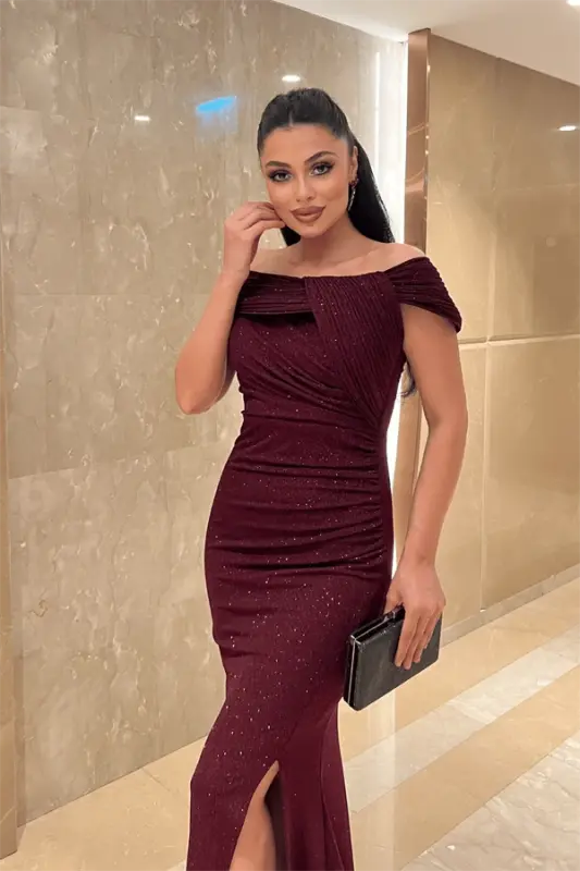 Simli Kumaş Tasarım Drape Detaylı Büyük Beden Abiye Elbise - BORDO - 4