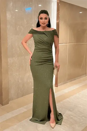 Simli Kumaş Tasarım Drape Detaylı Büyük Beden Abiye Elbise - HAKİ YEŞİLİ - 1