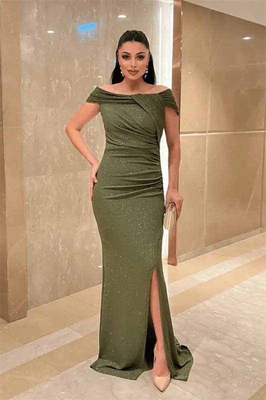 Simli Kumaş Tasarım Drape Detaylı Büyük Beden Abiye Elbise - HAKİ YEŞİLİ - BÜYÜKBEDENIZ