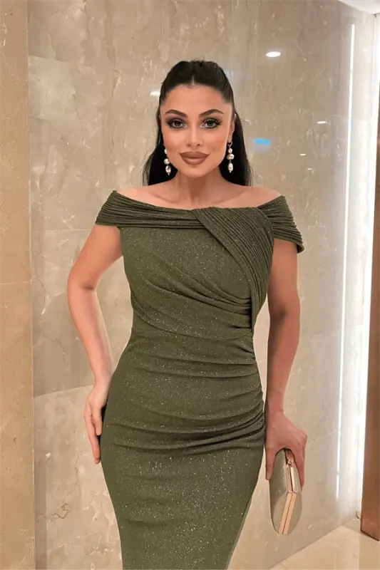 Simli Kumaş Tasarım Drape Detaylı Büyük Beden Abiye Elbise - HAKİ YEŞİLİ - 3