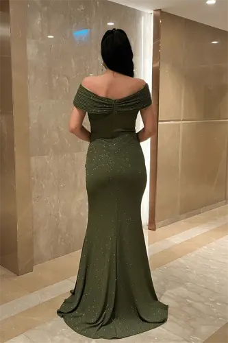 Simli Kumaş Tasarım Drape Detaylı Büyük Beden Abiye Elbise - HAKİ YEŞİLİ - 5