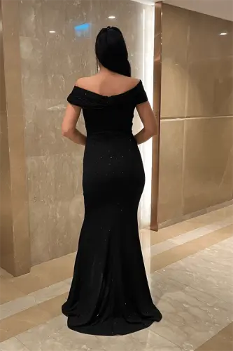 Simli Kumaş Tasarım Drape Detaylı Büyük Beden Abiye Elbise - SİYAH - 5