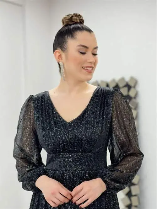 Simli Kumaş Yakası Büzgü Detaylı Elbise - SİYAH - 3
