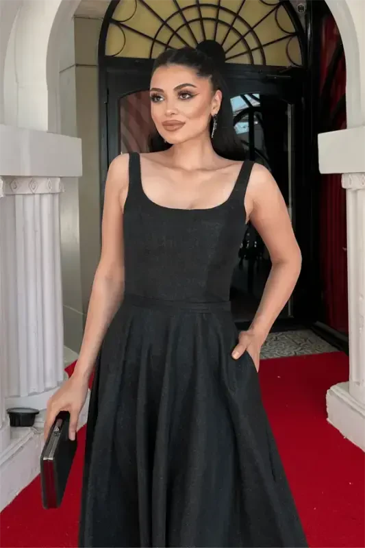 Simli mato askılı midi ko'ylak - QORA - 3