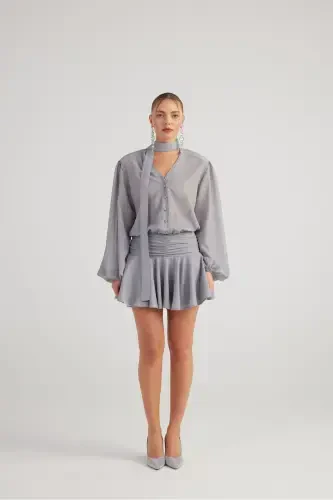 Simli mato burmali mini Vanesa ko'ylagi kulrang - 5