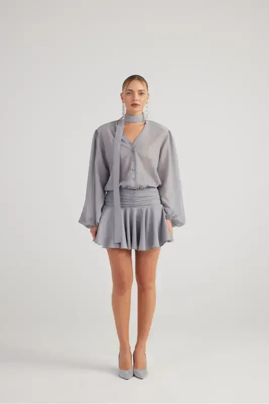 Simli mato burmali mini Vanesa ko'ylagi kulrang - 5