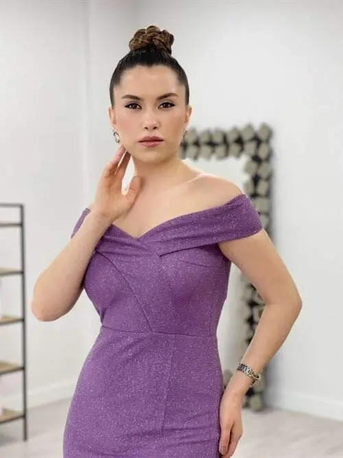 Simli mato qayiq yoqali ko'ylak - Binafsha - 3