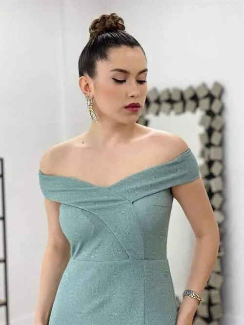 Simli mato qayiq yoqali ko'ylak - YALPIZ YASHIL - 3