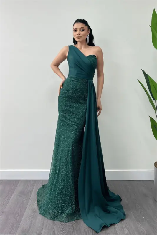 Simli Saten Kumaş Şal Detaylı Abiye Elbise - ZÜMRÜT YEŞİL - 1