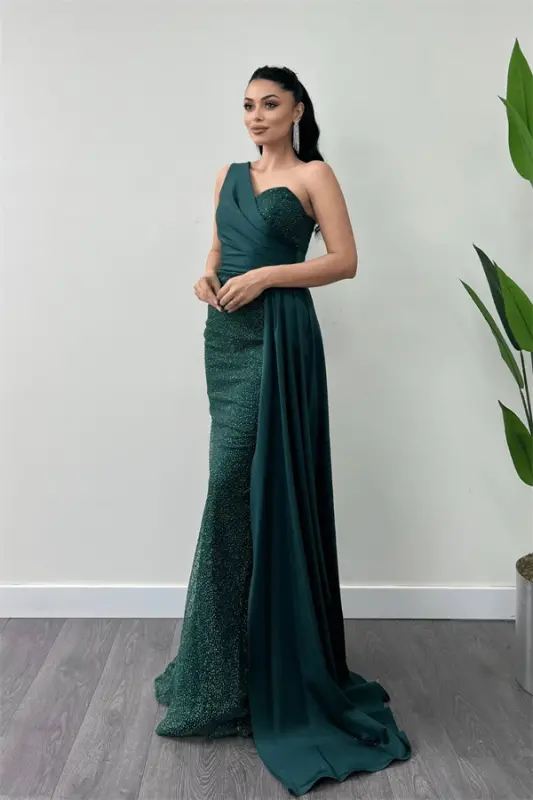 Simli Saten Kumaş Şal Detaylı Abiye Elbise - ZÜMRÜT YEŞİL - 2