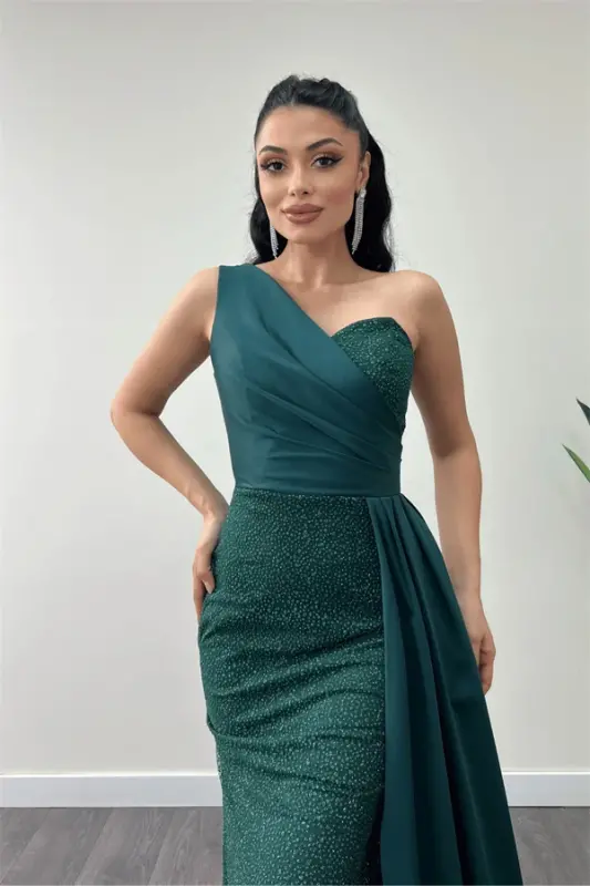 Simli Saten Kumaş Şal Detaylı Abiye Elbise - ZÜMRÜT YEŞİL - 3