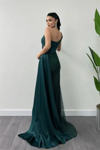 Simli Saten Kumaş Şal Detaylı Abiye Elbise - ZÜMRÜT YEŞİL - 5