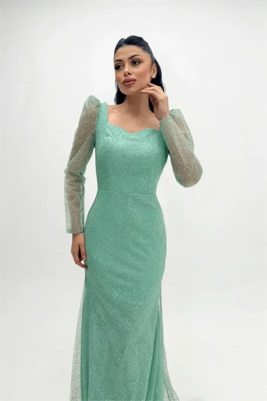 Simli toʻr mato kvadrat yoqali baliq koʻylak - YALPIZ YASHIL - 2