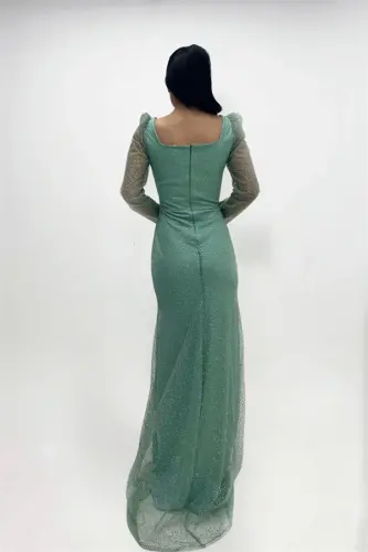 Simli toʻr mato kvadrat yoqali baliq koʻylak - YALPIZ YASHIL - 7