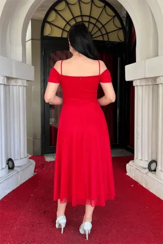 Simli to‘r mato midi uzunlikdagi ko‘ylak - QIZIL - 5