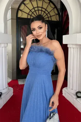 Simli to‘r mato yoqasi otirish plise detalli abiye ko‘ylak - INDIGO KO‘K - 3